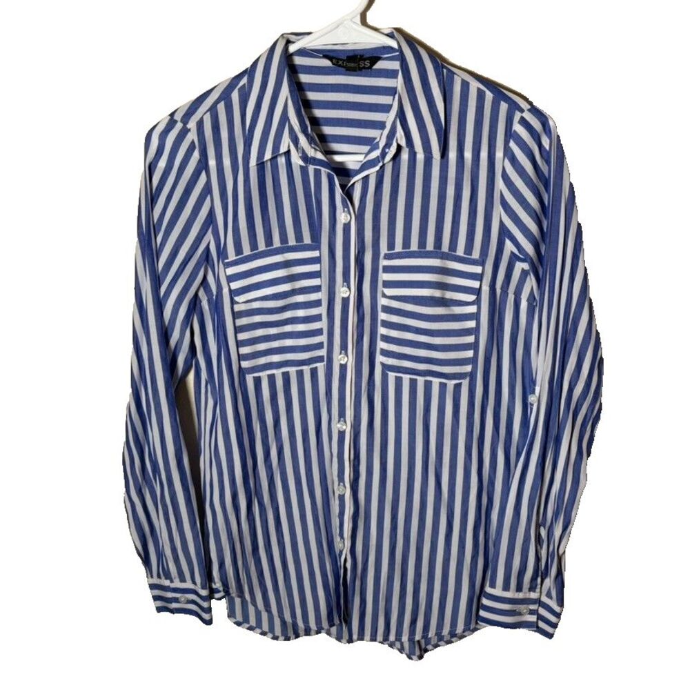 Express Shirt Women's XS Blue Striped Button Up Collared Sheer Long Sleeve Top